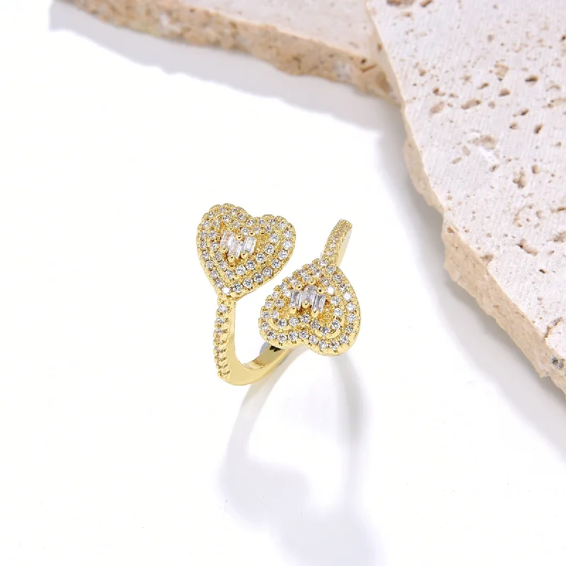 Bold ring for women-Elegant Shiny Heart Shape Copper Plating Inlay Zircon Gold Plated Open Ring