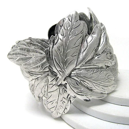 Custom charm bracelet for women-Frozen Leaves of Winter Antiqued Silvertone Cuff Bracelet 7"