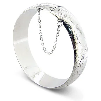 Wedding bangle for women-5mm (3/16") or 9mm (3/8") Etched Hinged Sterling Silver Latching Bangle Bracelet