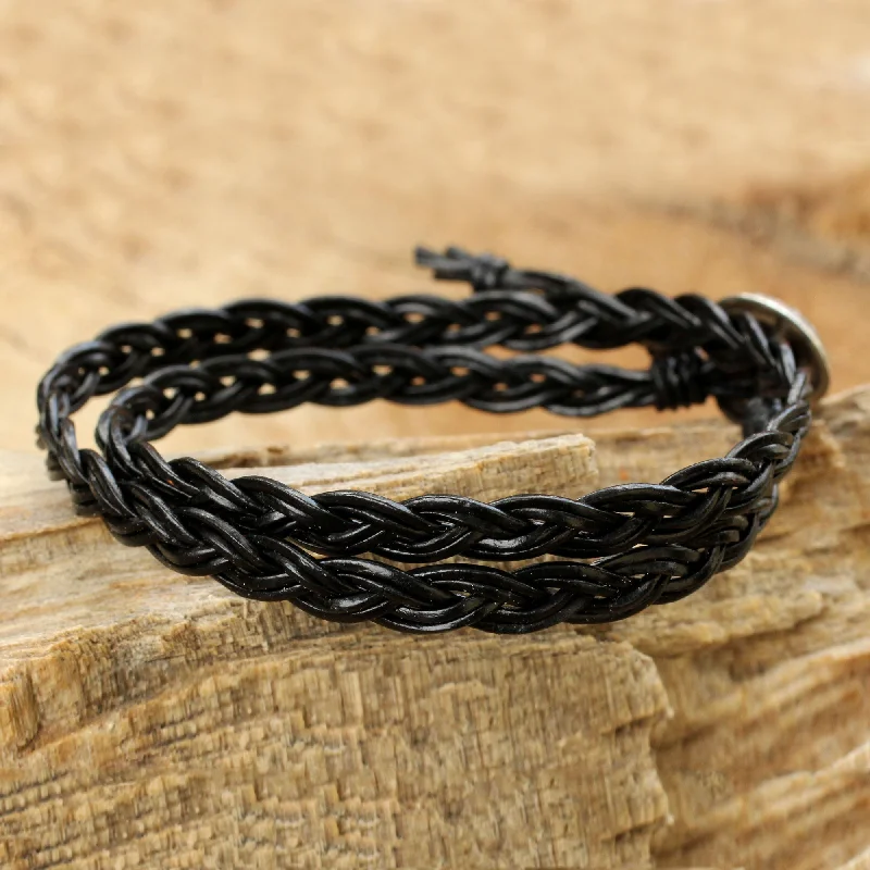 Women’s link bracelet-Black Braid Black Braided Leather Bracelet with Hill Tribe Silver