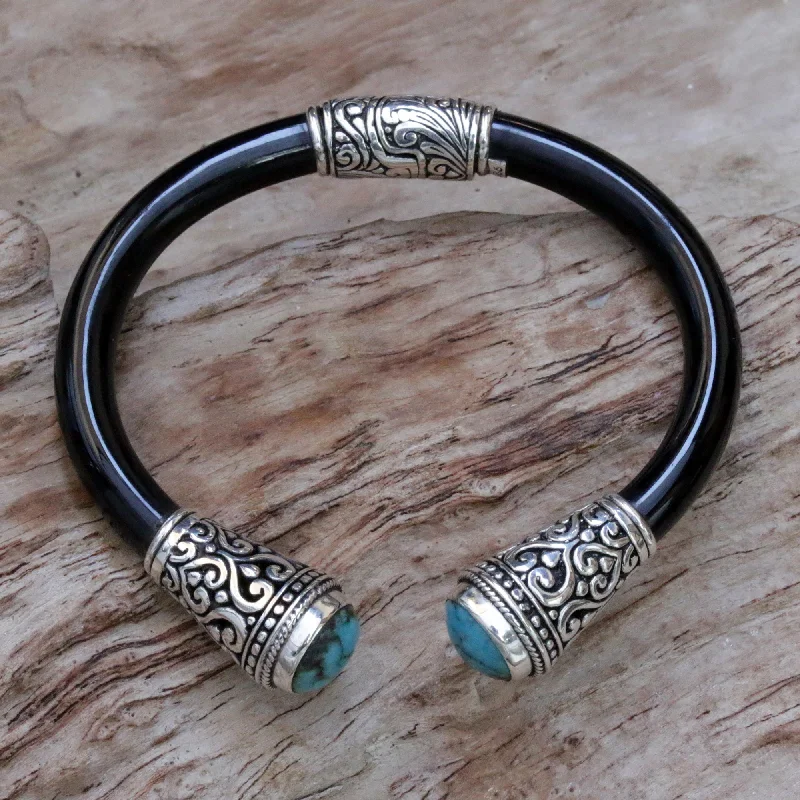 Silver layered bracelet for women-Beauty of Bali Sterling Silver and Natural Turquoise Balinese Cuff Bracelet