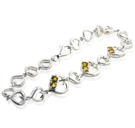 Silver bracelet for women-Genuine Citrine and Linked Hearts Sterling Silver Bracelet 7"