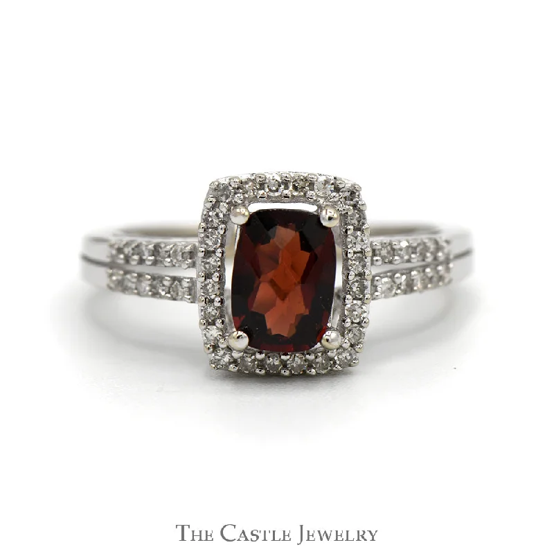 Silver ring for women-Elongated Cushion Cut Garnet Ring with Diamond Halo and Diamond Accented Sides in 14k White Gold