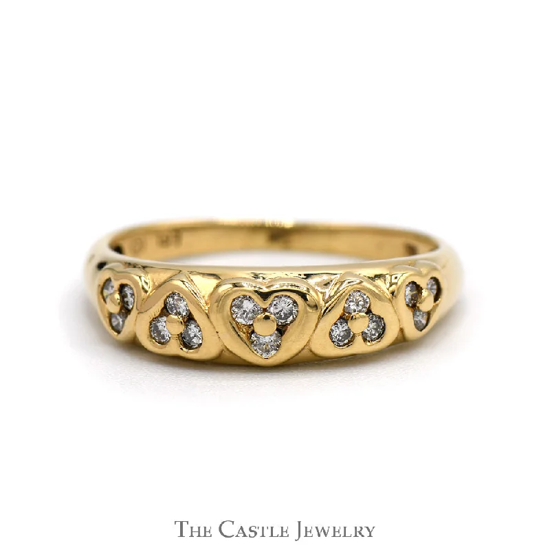 Gold ring for women-Diamond Wedding Band with Row of Hearts Design in 10k Yellow Gold