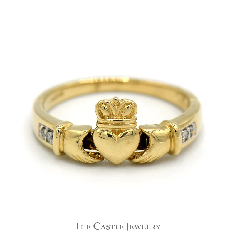 Gemstone ring for women-Diamond Accented Claddagh Wedding Band in 14k Yellow Gold