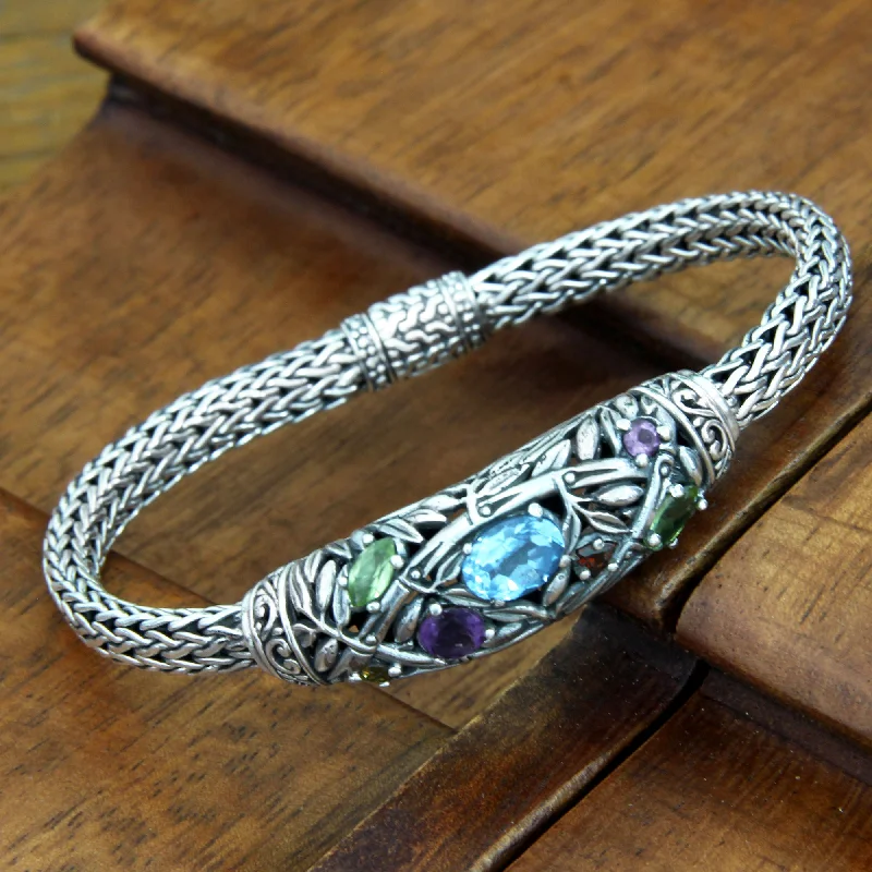 Minimalist bracelet for women-Bamboo Blossoms Blue topaz and peridot braided bracelet