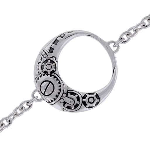 Bangle bracelet for women-Steampunk Clockwork Lunar Crescent Sterling Silver Bracelet, 7"