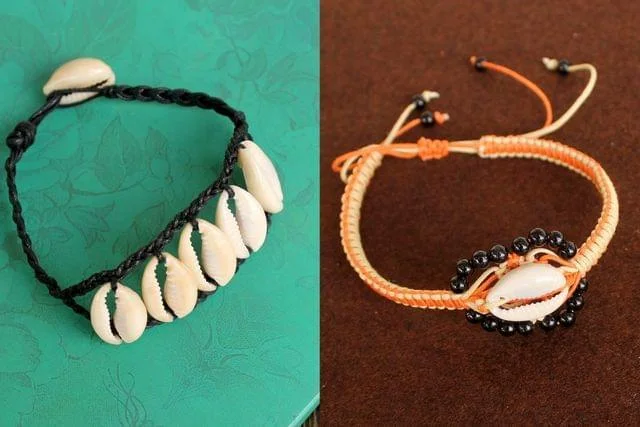 Gold bracelet for women-Adjustable Cowrie Shell Braided Bead Bracelets 2 Pcs Combo