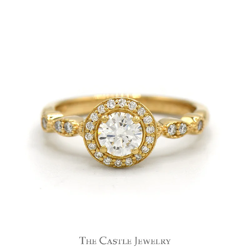 Art deco ring for women-3/4cttw Round Diamond Solitaire Engagement Ring with Diamond Halo and Accented Sides in 14k Yellow Gold