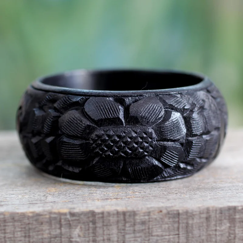 Luxury gold bangle for women-Black Sunflower Handmade Wood Bangle Bracelet