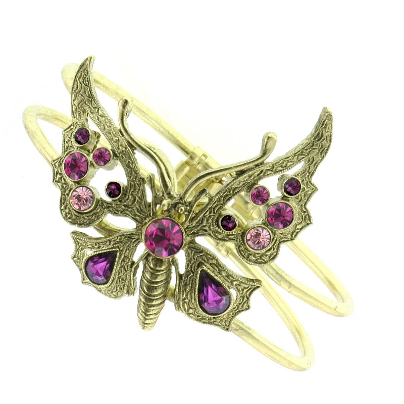 Wedding bangle for women-1928 Jewelry® Brass Amethyst/Fuchsia Butterfly Hinge Cuff Bracelet