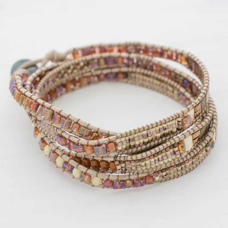 Pearl bracelet for women-Autumn Sweetness Glass Beaded Wrap Bracelet in Beige from Guatemala