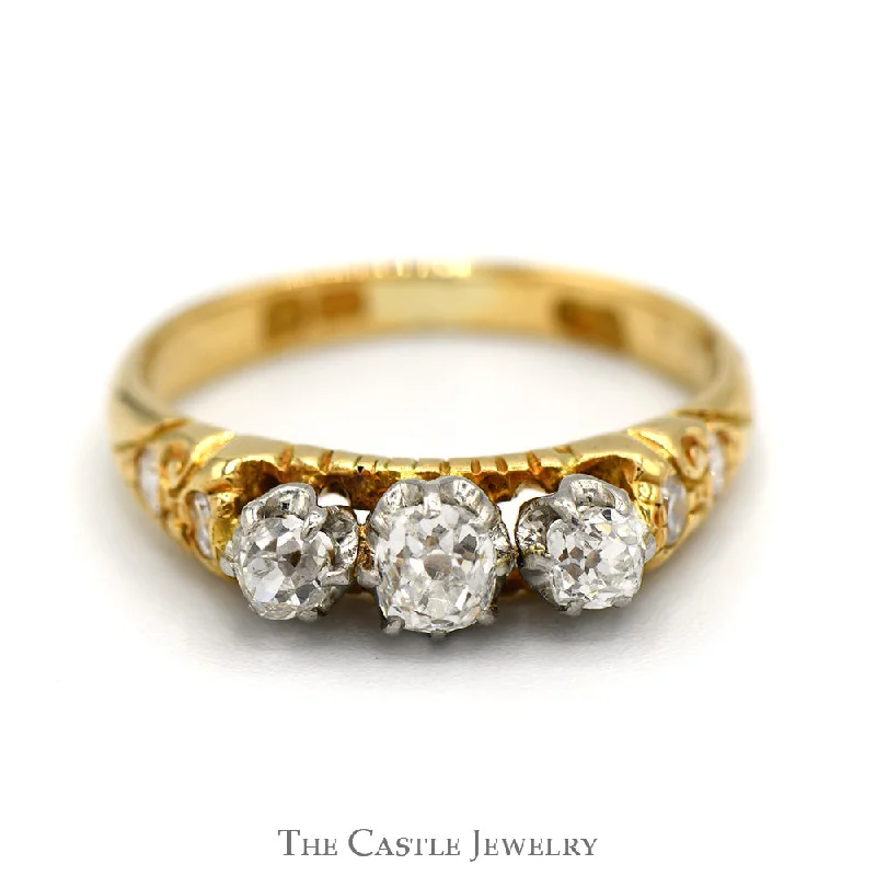 Unique engagement ring for women-3 Stone Old Mine Cut Diamond Ring with Diamond Accented Sides in 10k Yellow Gold