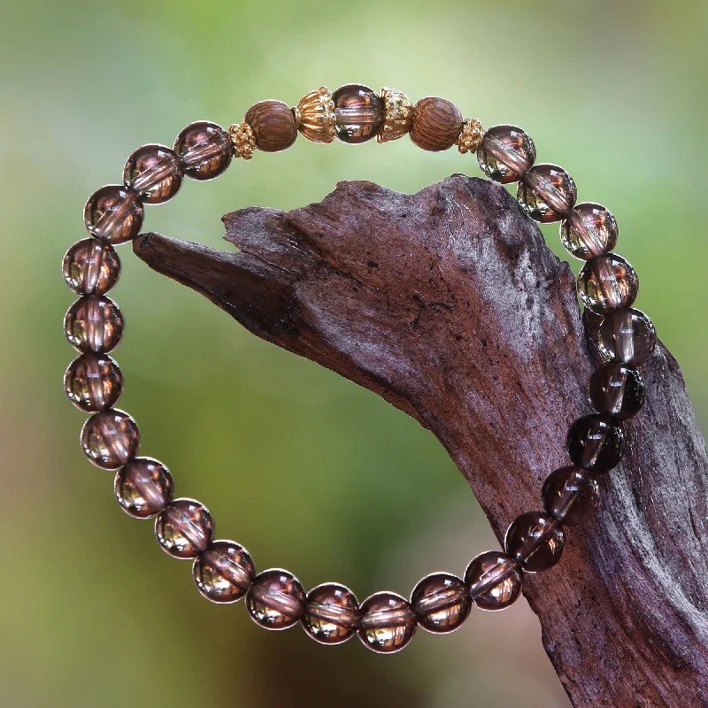 Friendship charm bracelet for women-Batuan Tune Smoky Quartz Beaded Stretch Bracelet with Wood Accents