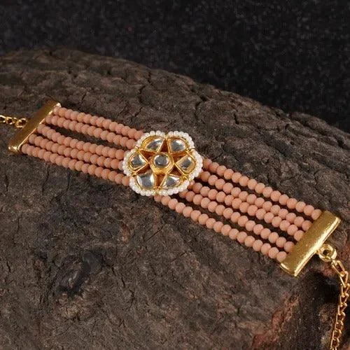 Luxury diamond bracelet for women-Kundan Work Glass Crystal Beads Bracelet Peach