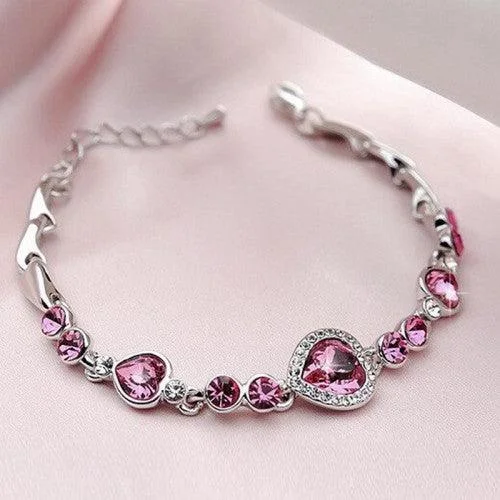 Red bracelet for women-Crystal Heart Silver Plated Charm Bracelet