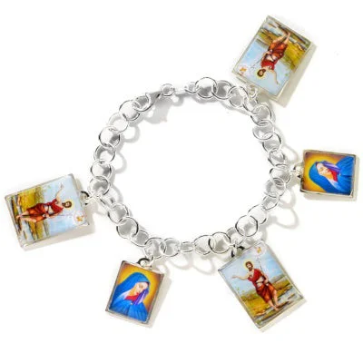 Custom charm bracelet for women-Mary and Joseph Benedicta Catholic Sterling Silver Charm Bracelet 6.5"