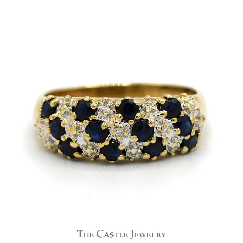 Cluster ring for women-Diagonally Set Sapphire and Diamond Cluster Band Ring in 10k Yellow Gold