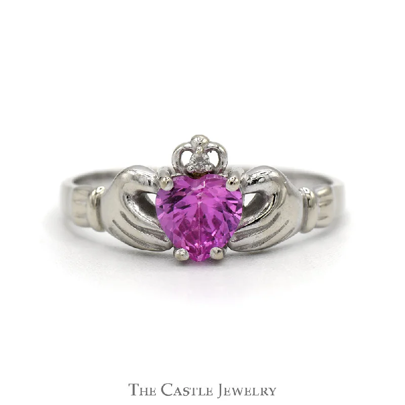 Designer ring for women-Heart Shaped Synthetic Pink Sapphire Claddagh Ring with Illusion Set Diamond Accent in 14k White Gold