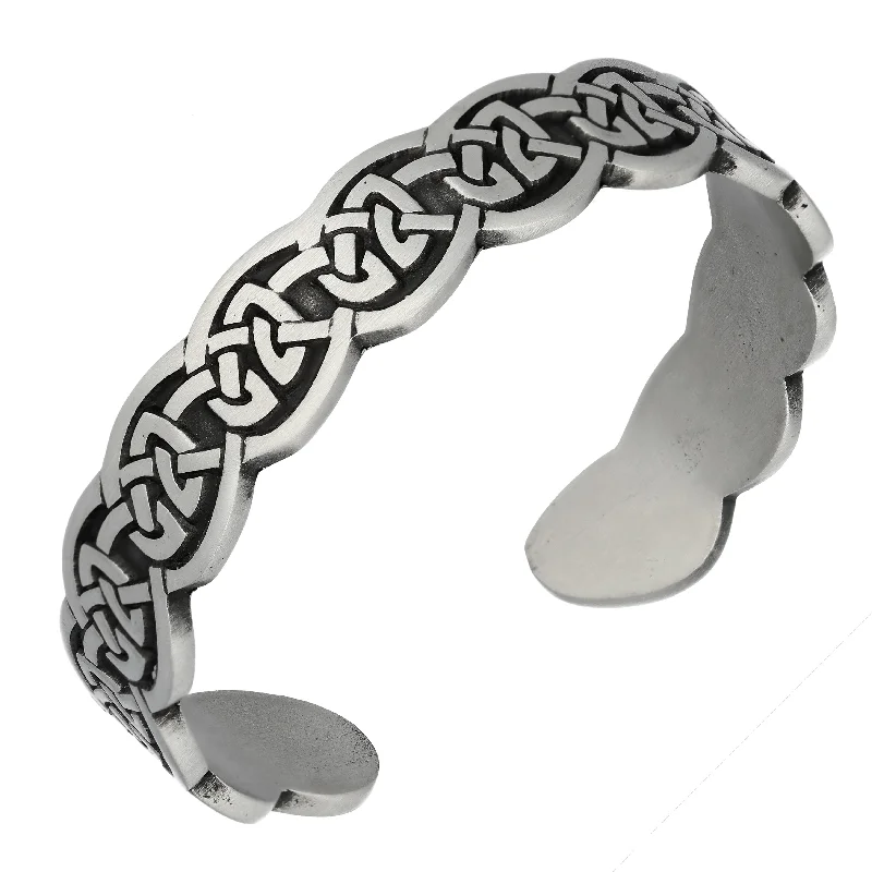 Chunky bracelet for women-Narrow Engraved Cuff of Celtic Knots Pewter Adjustable 7" Bracelet