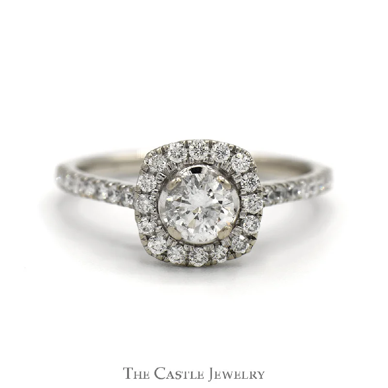 Unique ring for women-Round Diamond Engagement Ring with Diamond Halo and Accented Sides in 10k White Gold