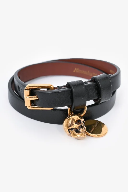 Vintage bracelet for women-Alexander McQueen Black Leather Gold Skull Double Wrap Bracelet