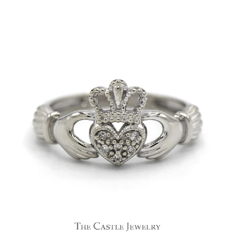 Personalized ring for women-Diamond Accented Claddagh Ring in 10k White Gold