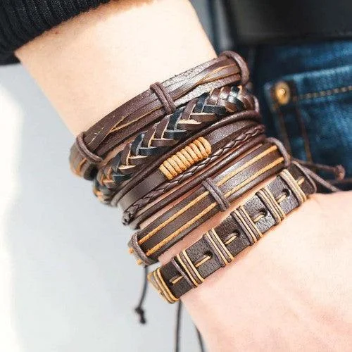 Stacked bangle bracelet for women-Multi Layered Brown Lather Bracelet