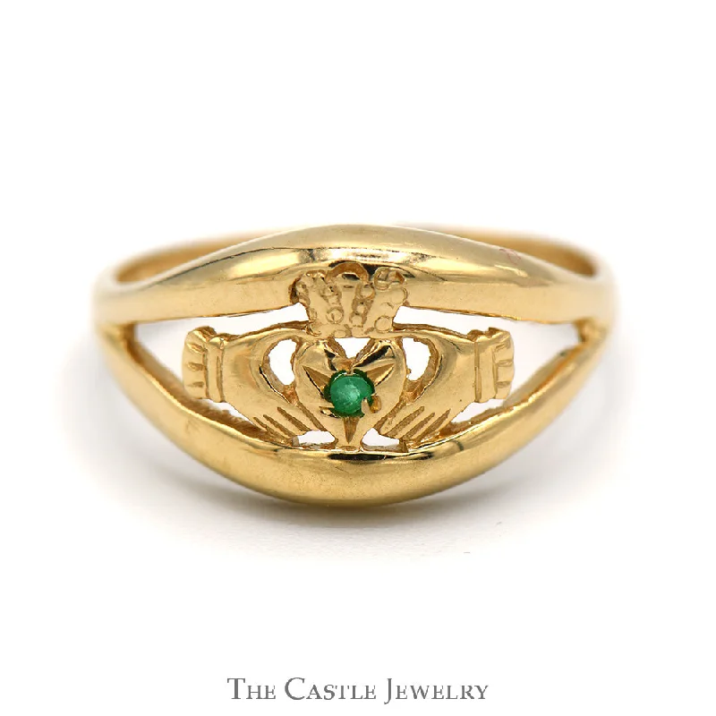 Wedding ring with diamonds for women-Round Cut Emerald Claddagh Ring in 14k Yellow Gold