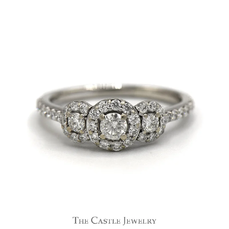 Antique ring for women-Three Stone Diamond Ring with Diamond Halo and Accented Sides in 14k White Gold