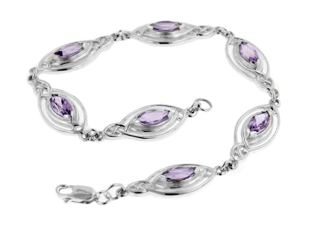 Pearl bracelet for women-Sterling Silver Marquise Amethyst Celtic Knot Elliptical Ovals Bracelet