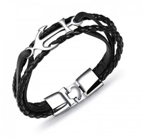 Sapphire bracelet for women-Stainless Steel Anchor Strap Black Leather Bracelet