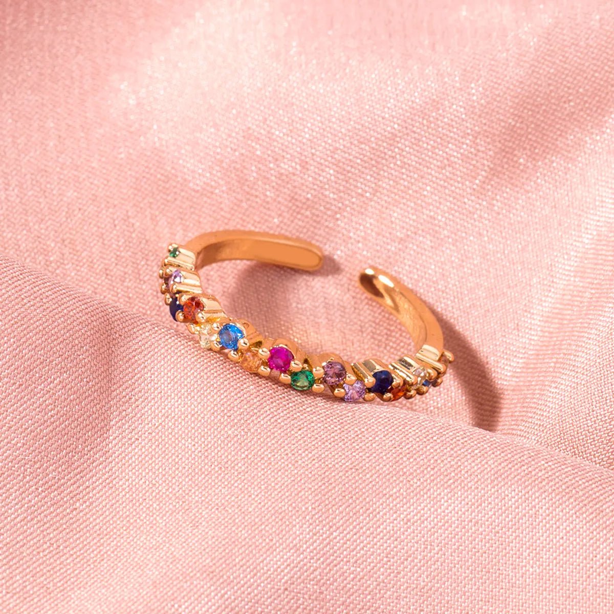 Statement ring for women-Simple Style Rainbow Zircon Adjustable Opening Ladies Copper Ring