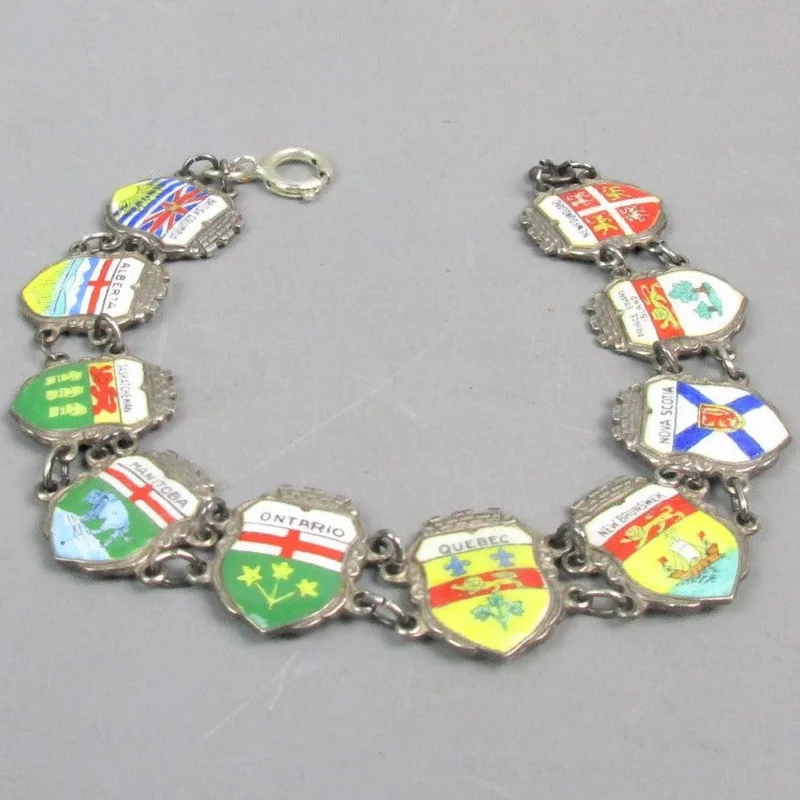 Birthstone bracelet for women-Sterling Silver & Enamel Canadian Provinces Travel Shield Charm Bracelet Vintage c1970