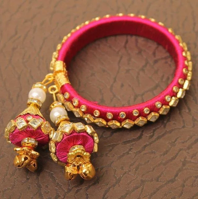 Simple silver bracelet for women-Designer Kundan Silk thread Adjustable Bracelet With Latkan Magenta