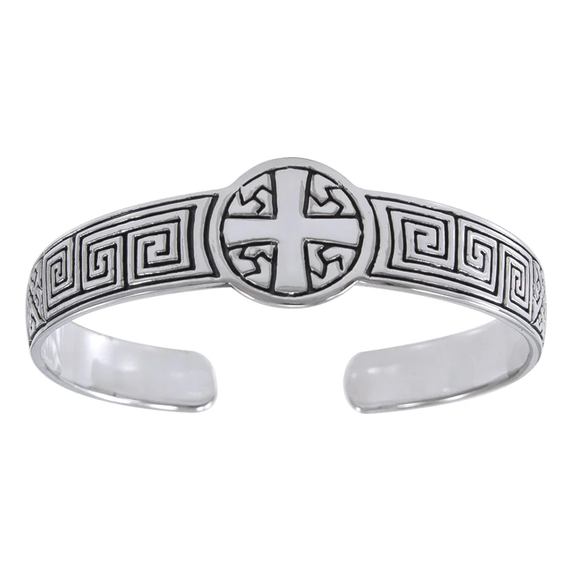 Custom bracelet for women-Greek Square Spiral Sturdy Sterling Silver Heavy Weight Adjustable Cross Cuff Bracelet