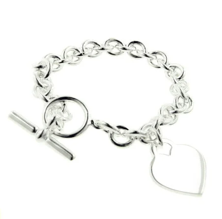 Crystal bracelet for women-Heavy Sterling Silver Rolo Heart Tag Charm Toggle Bracelet - 7"