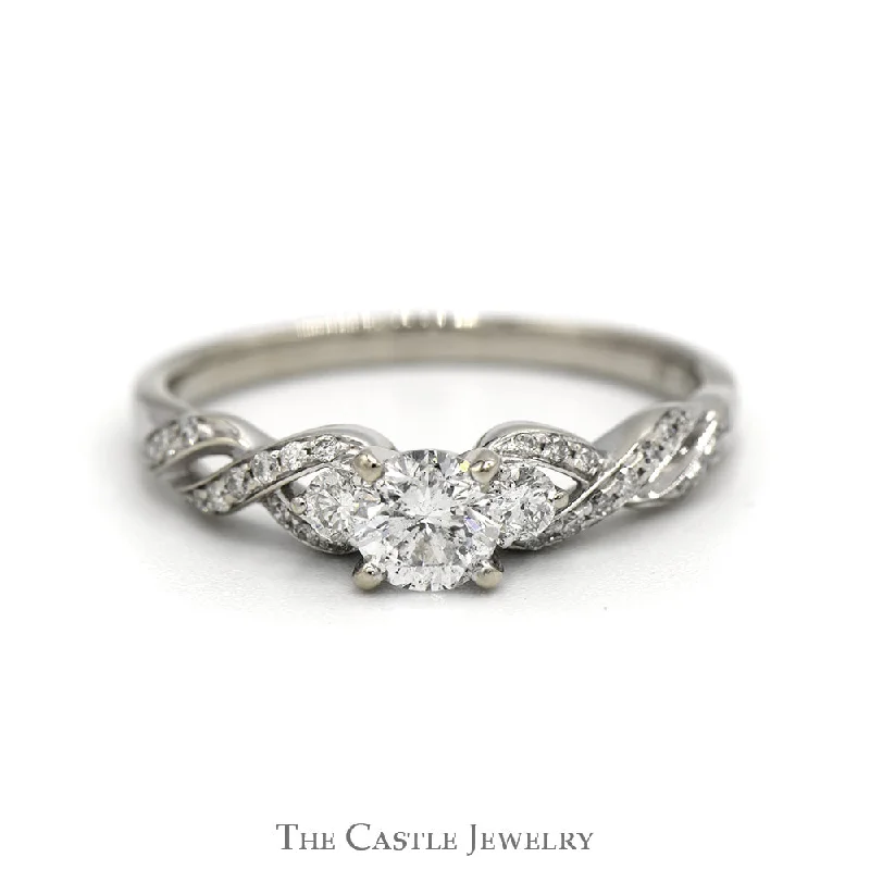 Custom ring design for women-Three Stone Diamond Engagement Ring with Accented Twisted Sides in 14k White Gold