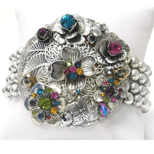 Friendship charm bracelet for women-Multi-Colored Corsage Stretch Bracelet with Rainbow Crystals