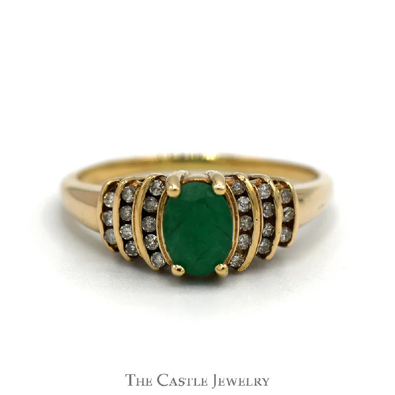 Geometric ring for women-Vintage Style Oval Cut Emerald Ring with Channel Set Diamond Accents in 10k Yellow Gold