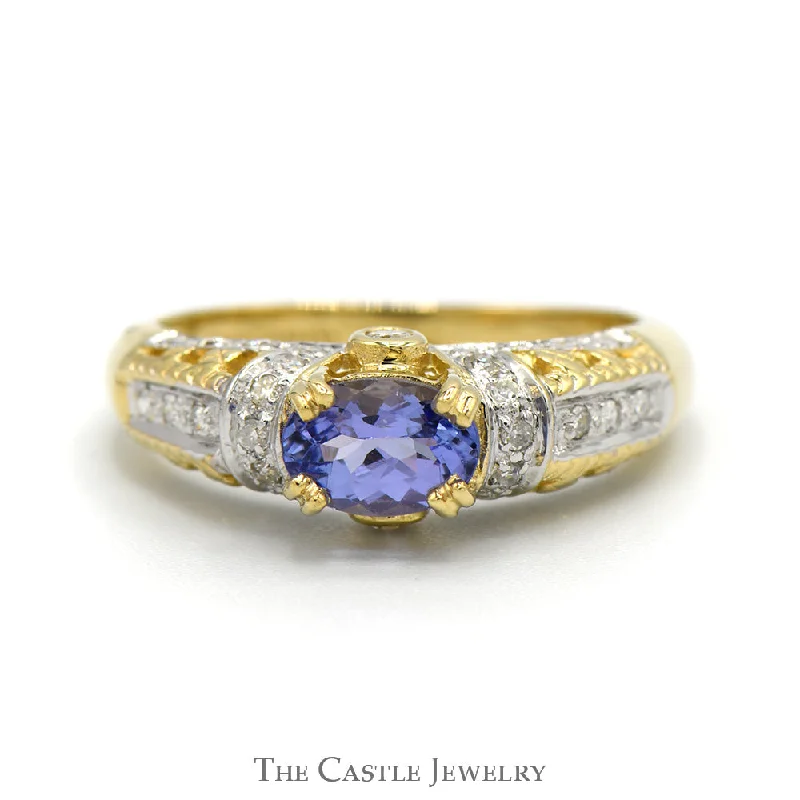 Infinity ring for women-Oval Tanzanite Ring with Diamond Accented Sides in Ornate 14k Yellow Gold Mounting