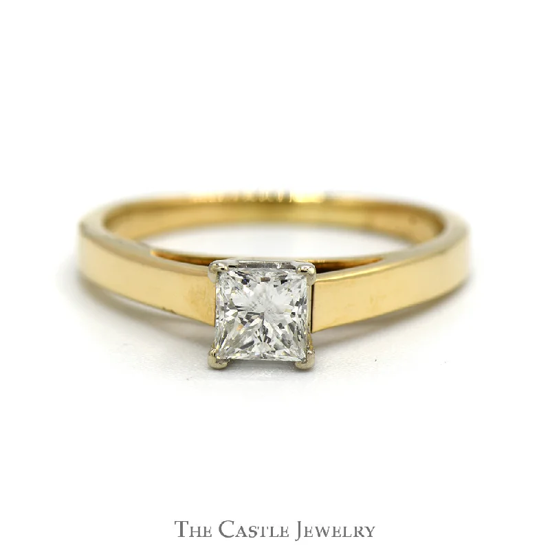 Solitaire engagement ring for women-.70ct Princess Cut Diamond Solitaire Engagement Ring in 14k Yellow Gold Cathedral Mounting