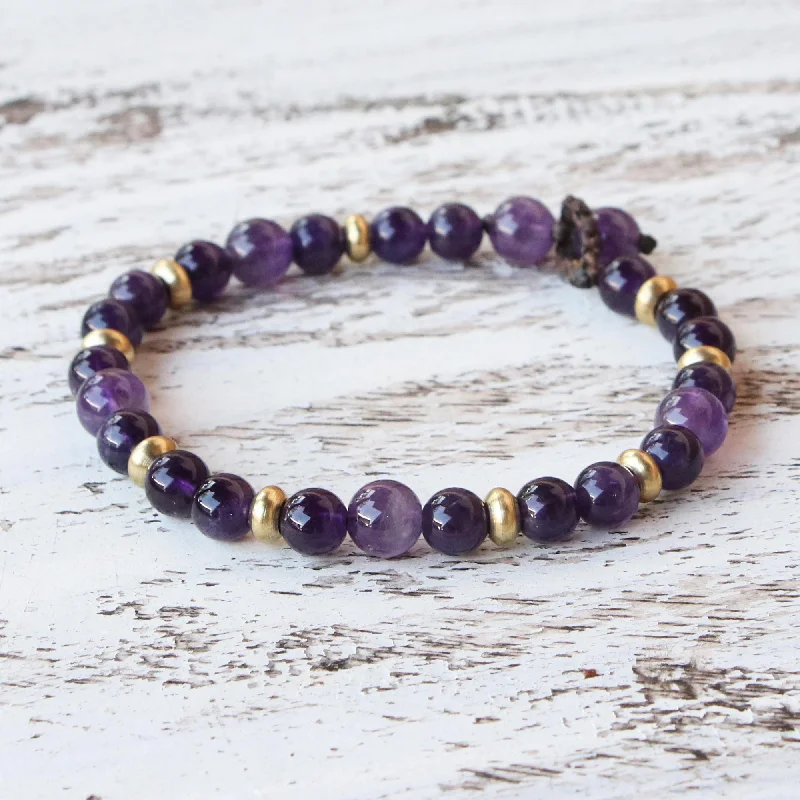 Stacked bangle bracelet for women-Beautiful Thai in Purple Amethyst and Brass Beaded Bracelet from Thailand