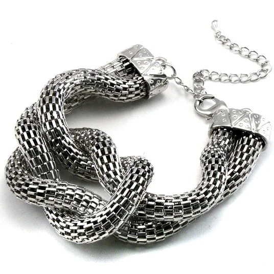 Modern bracelet for women-Shiny Knotted Mesh Chainmail Silver Tone Adjustable 7.5" to 8" Bracelet