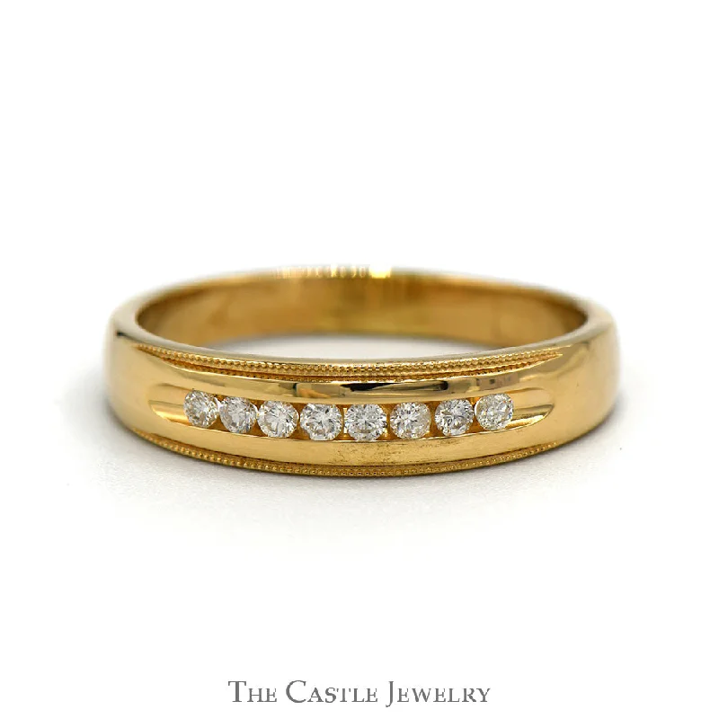 Custom gold ring for women-1/4cttw Round Channel Set Diamond Wedding Band with Milgrain Edges in 14k Yellow Gold