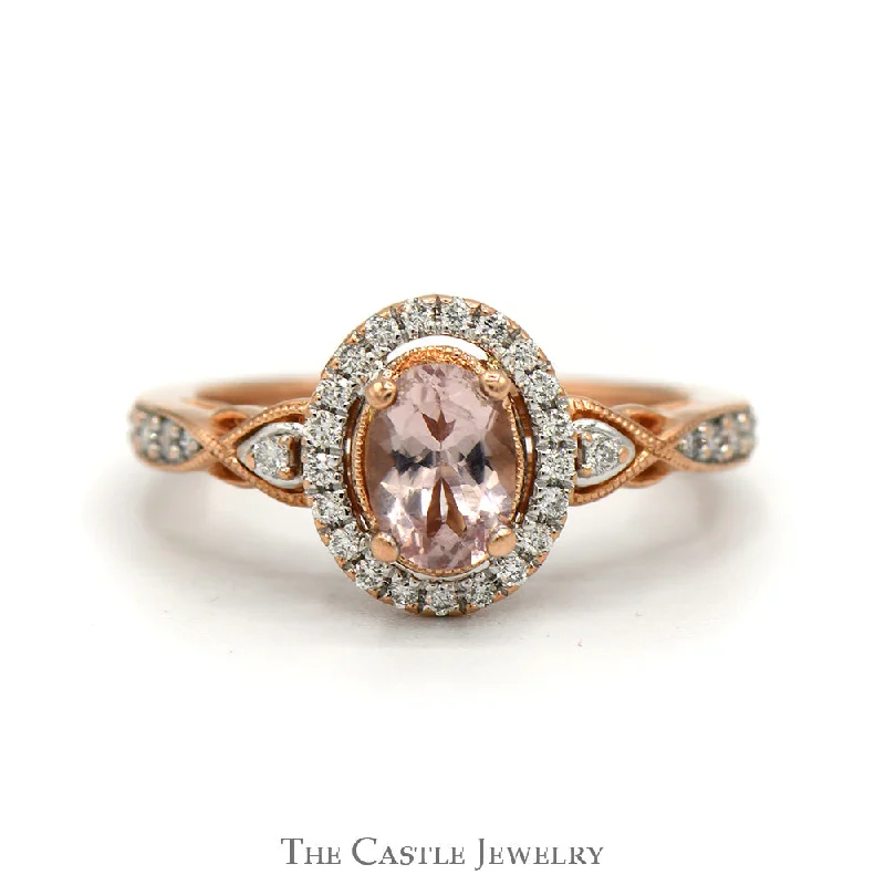 Diamond ring for women-Oval Morganite Ring with Diamond Halo and Accented Sides in 10k Rose Gold