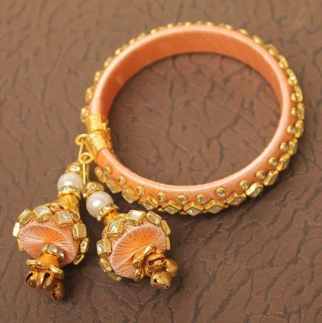 Twisted bracelet for women-Designer Kundan Silk thread Adjustable Bracelet With Latkan Peach