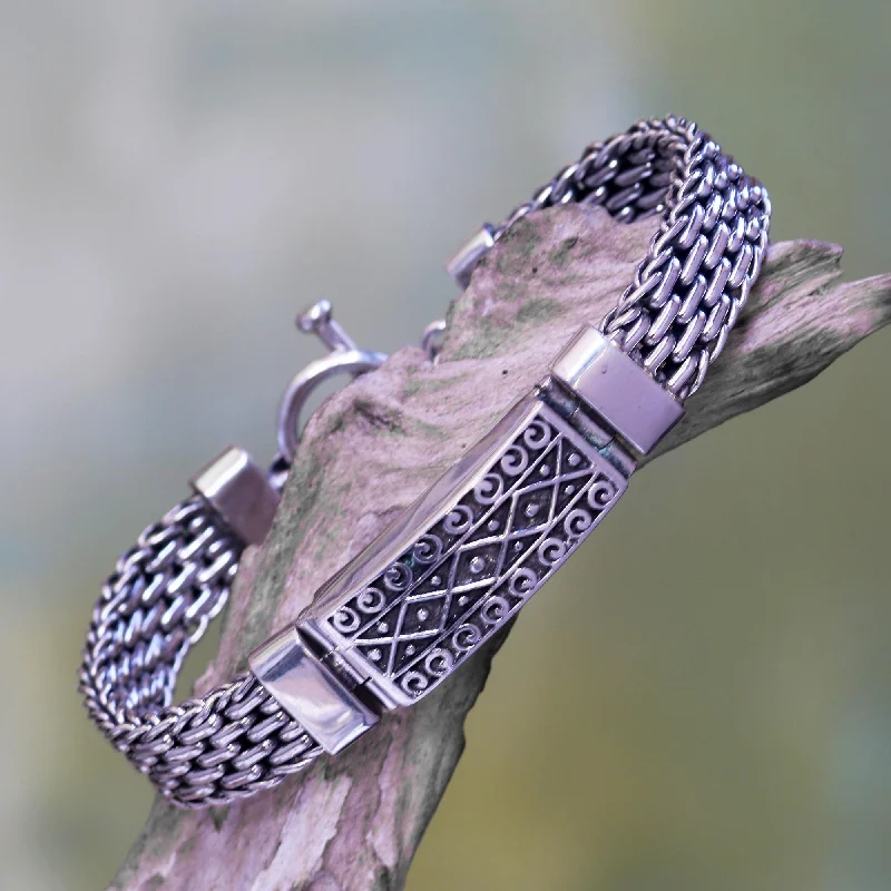 Silver bangle for women-Bali Spirit Panther Link Chain Bracelet with Pendant in 925 Silver