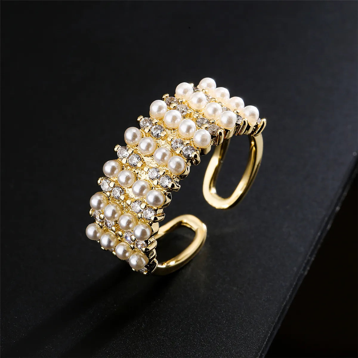 Simple gold ring for women-Copper Plated 18k Gold 4 Rows Millet Pearl Opening Design Adjustable Ring