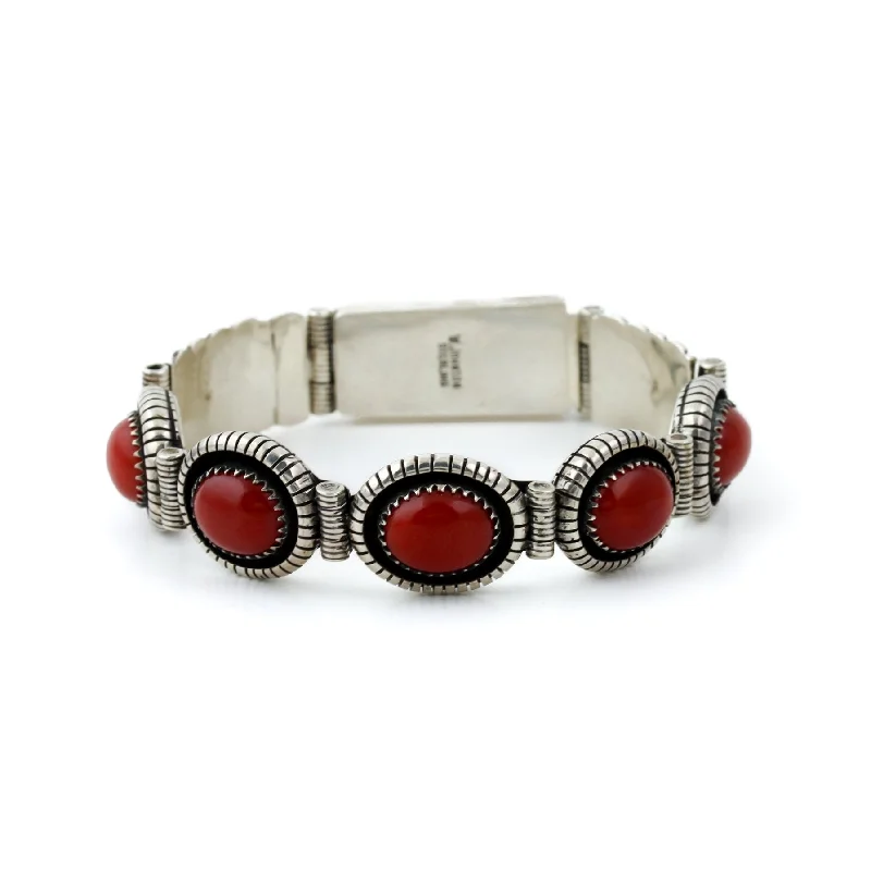 Retro gold bracelet for women-Red Coral Navajo Shadowbox Bracelet